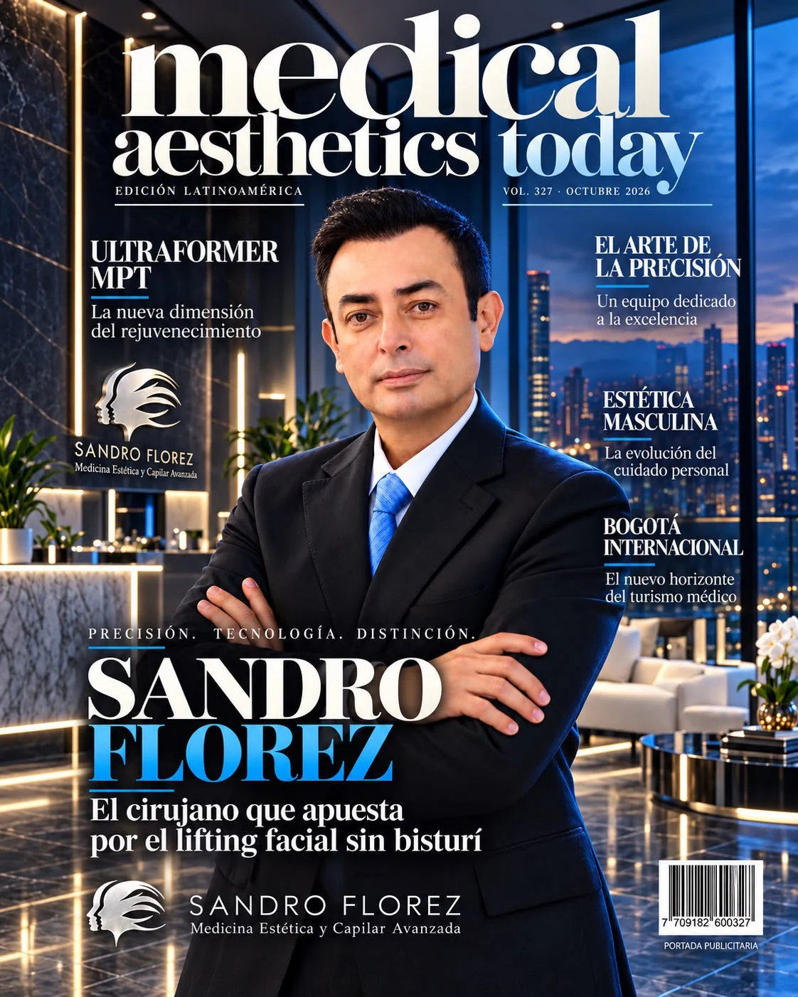Portada de Medical Aesthetics Today, edición Latinoamérica de octubre de 2026, con el Dr. Sandro Florez: el cirujano que apuesta por el lifting facial sin bisturí